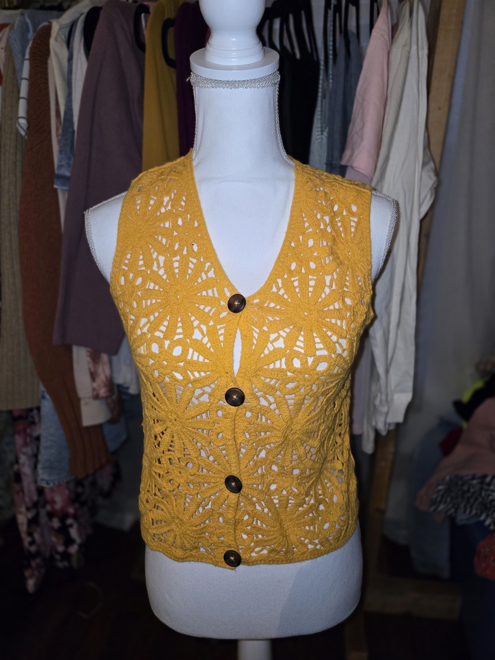 art class Yellow Crochet Button-Front Crop Top
